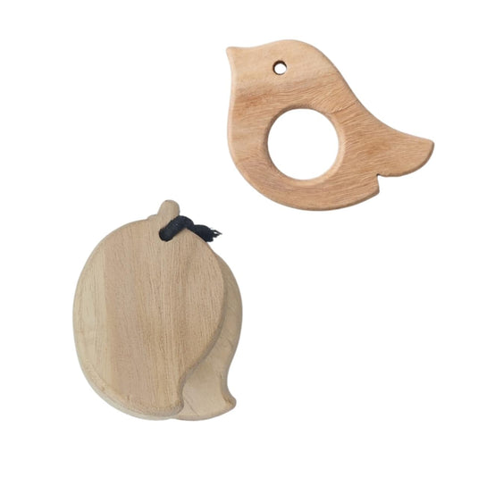 Neem Wood Bird Teether and Mango Tic Tac Toy Combo, Natural Wood, Montessori Inspired, for Babies | Tantrums Wooden Toys