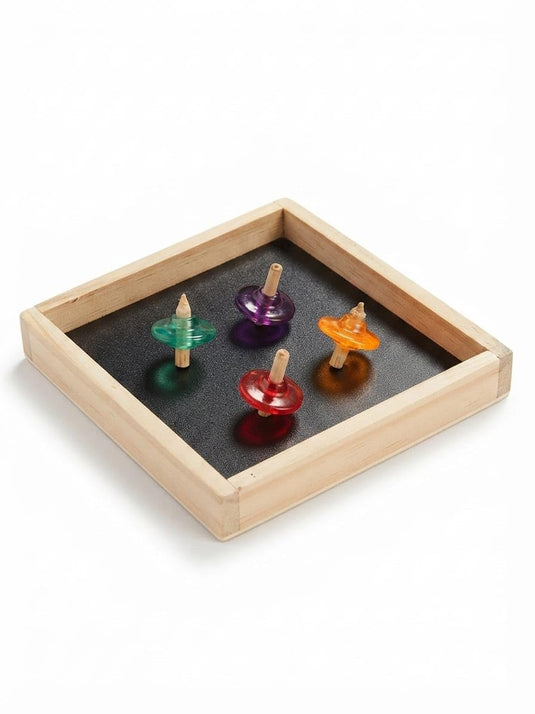 Wooden Spinning Top Game Set – Montessori Fine Motor Skill Toy with 1 Wooden Arena Board & 4 Colorful Spinning Tops, Educational Multiplayer Challenge for Kids | Tantrums Wooden Toys