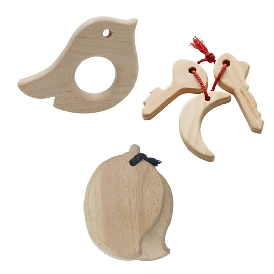 Neem Wood Baby Teether Toy Combo, Bird, Smart Key and Mango Tic Tac, Montessori, 3-in-1 Set for Newborns | Tantrums Wooden Toys