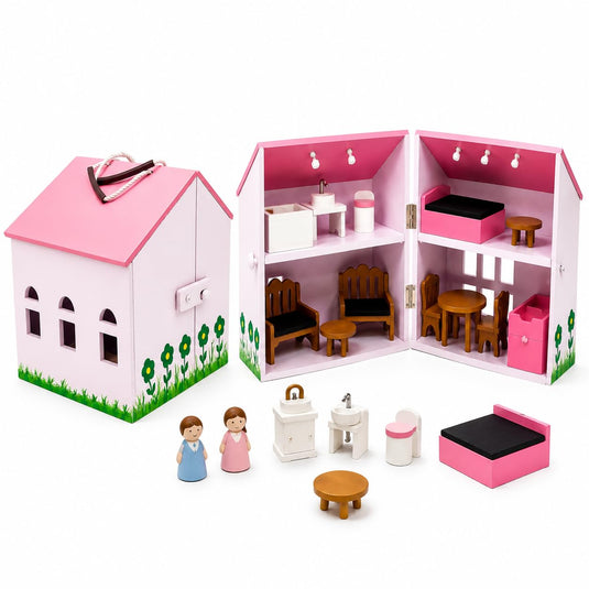 Wooden Dollhouse, Pink 2-Storey Pretend Play Set with Furniture, Educational Toy House with Floral Design, Birthday Gift for Children Age 2+ | Tantrums Wooden Toys