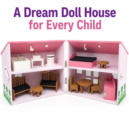 Wooden Dollhouse, Pink 2-Storey Pretend Play Set with Furniture, Educational Toy House with Floral Design, Birthday Gift for Children Age 2+ | Tantrums Wooden Toys - photo 2