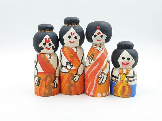Handcrafted Ram Darbar Wooden Peg Doll Set (Pack of 4) – Ram, Sita, Lakshman & Hanuman | Tantrums Wooden Toys