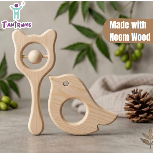 Neem Wood Grip & Roll Bear Rattle and Bird Teether Combo for Babies, 100% Neem Wood, Anti Bacterial, Safe for Teething Babies, Smooth Finish, Easy Grip, Montessori Inspired | Tantrums Wooden Toys - photo 5