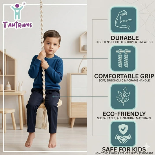 Tantrums Wooden Disc Swing for Kids and Adults, Natural Wood, Braided Rope, Indoor and Outdoor, Montessori Balance Play