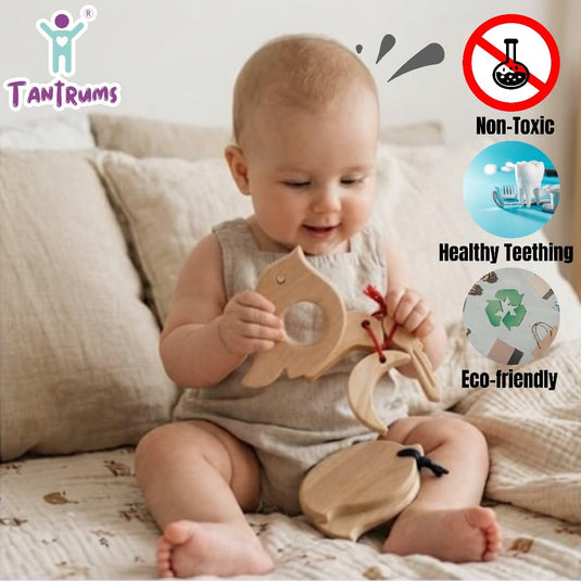 Neem Wood Baby Teether Toy Combo, Bird, Smart Key and Mango Tic Tac, Montessori, 3-in-1 Set for Newborns | Tantrums Wooden Toys - photo 5