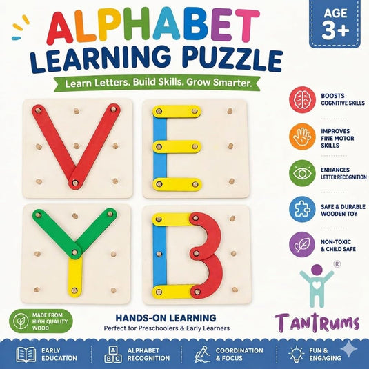 Alphabet Numeric Pattern Puzzle, Wooden Pegboard Activity Toy for Preschool Learning, Letters, Numbers and Shapes | Tantrums Wooden Toys - photo 4