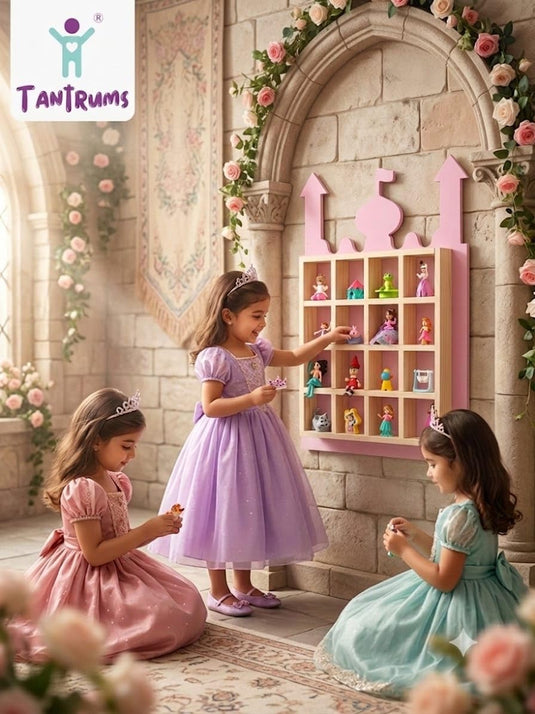 Kids Castle Wall Shelf – Wooden Display Shelf with 20 Cubbies, Miniature & Toy Organizer, Space-Saving Wall-Mounted Storage for Nursery, Playroom, and Bedroom (Natural Wood & Pink Design) | Tantrums Wooden Toys - photo 8