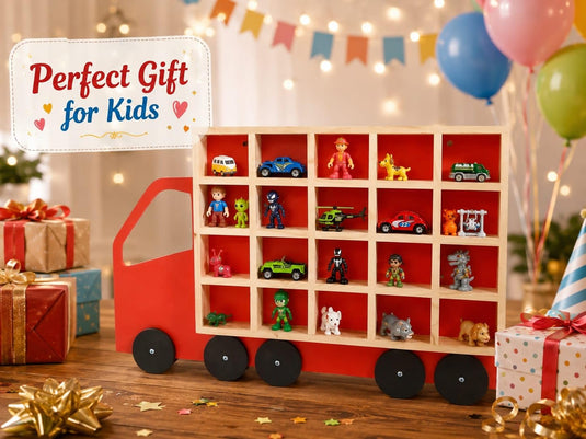 Kids Wooden Toy Truck Storage Shelf – Wall Mounted Mini Figure Display Organizer Compartment Case – Space Saving Small Toy Car Garage & Playroom Decorative Wall Hanging Rack | Tantrums Wooden Toys - photo 6