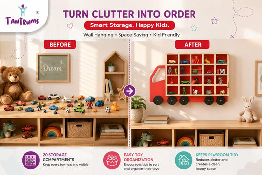 Kids Wooden Toy Truck Storage Shelf – Wall Mounted Mini Figure Display Organizer Compartment Case – Space Saving Small Toy Car Garage & Playroom Decorative Wall Hanging Rack | Tantrums Wooden Toys - photo 3
