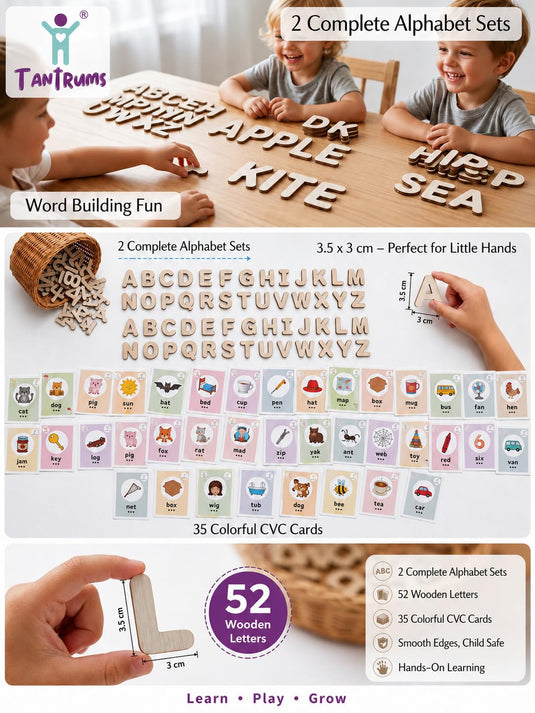 Wooden Spelling Game & Phonics Word Builder – 35 CVC Flash Cards & 2 Full Alphabet Sets (A-Z) – Montessori Educational Reading Toy for Preschool & Kindergarten with Storage Box | Tantrums Wooden Toys - photo 6