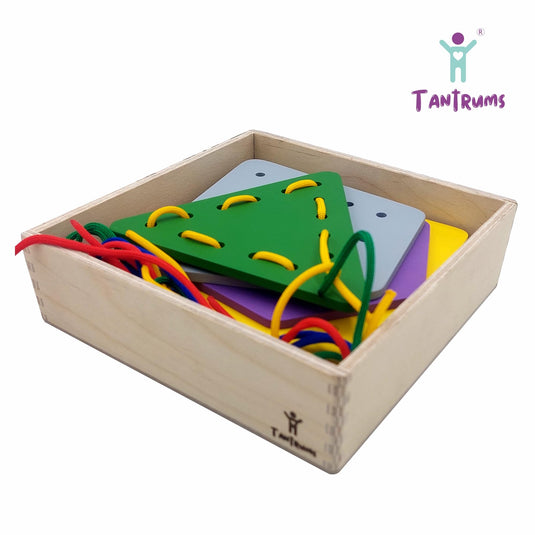Educational Lacing Toy with Wooden Shape Boards, 8 Colorful Shapes and 8 Laces with Box, Fine Motor Skills Development, Age 3 Years and Above | Tantrums Wooden Toys