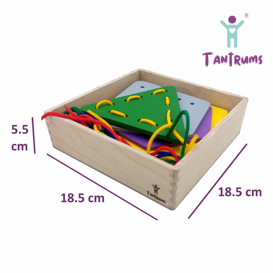 Educational Lacing Toy with Wooden Shape Boards, 8 Colorful Shapes and 8 Laces with Box, Fine Motor Skills Development, Age 3 Years and Above | Tantrums Wooden Toys - photo 2