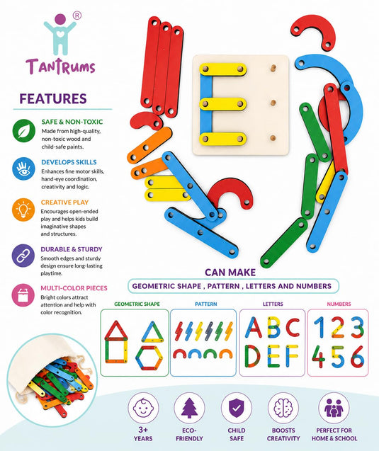 Alphabet Numeric Pattern Puzzle, Wooden Pegboard Activity Toy for Preschool Learning, Letters, Numbers and Shapes | Tantrums Wooden Toys - photo 2