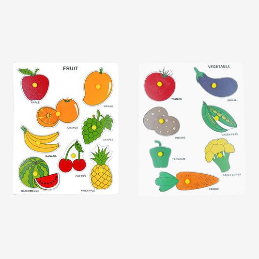 Wooden Fruits and Vegetables Puzzle Board with Knobs, Educational Learning Toy for Preschool Kids, Multicolour | Tantrums Wooden Toys