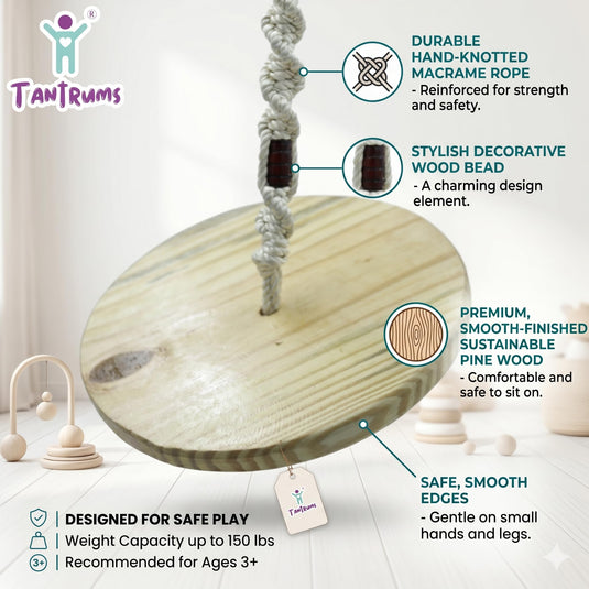 Tantrums Wooden Disc Swing for Kids and Adults, Natural Wood, Braided Rope, Indoor and Outdoor, Montessori Balance Play