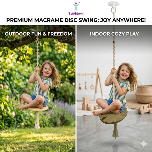 Tantrums Wooden Disc Swing for Kids and Adults, Natural Wood, Braided Rope, Indoor and Outdoor, Montessori Balance Play