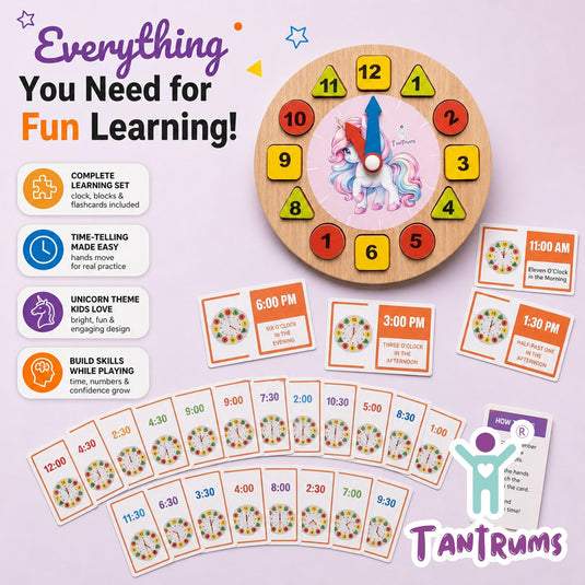 Unicorn Learning Clock with Time Flash Cards | Tantrums Wooden Toys - photo 8