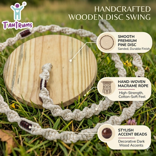 Tantrums Wooden Disc Swing for Kids and Adults, Natural Wood, Braided Rope, Indoor and Outdoor, Montessori Balance Play