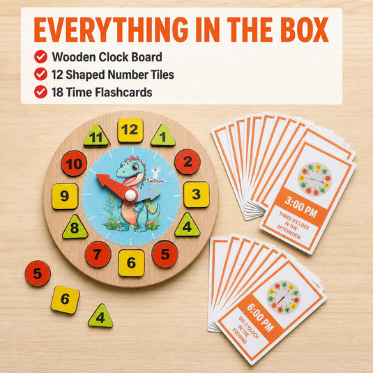 Dinosour Learning Clock with Time Flash Cards | Tantrums Wooden Toys - photo 6