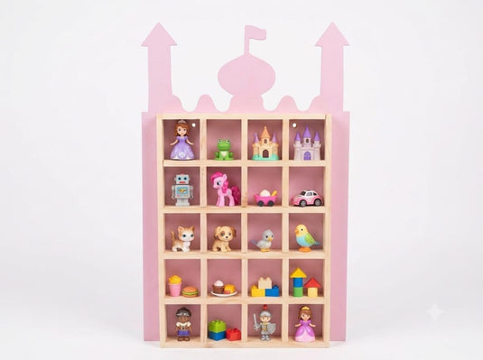 Kids Castle Wall Shelf – Wooden Display Shelf with 20 Cubbies, Miniature & Toy Organizer, Space-Saving Wall-Mounted Storage for Nursery, Playroom, and Bedroom (Natural Wood & Pink Design) | Tantrums Wooden Toys