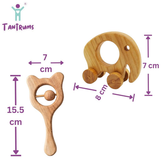 100% Neem Wood Baby Toy Combo, Grip and roll Bear Rattle and Moving Elephant Toy, Montessori, 2 Pieces | Tantrums Wooden Toys - photo 2