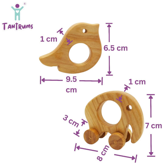 Neem Wood Baby Teether Combo, Bird and Moving Elephant, Natural, Montessori-Inspired, 2 Pieces | Tantrums Wooden Toys - photo 2
