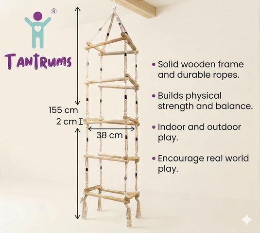 Tantrums Wooden Square Climbing Rope Ladder | Wooden Physical Activity Gym | Indoor Outdoor Climber | Balance & Strength Builder