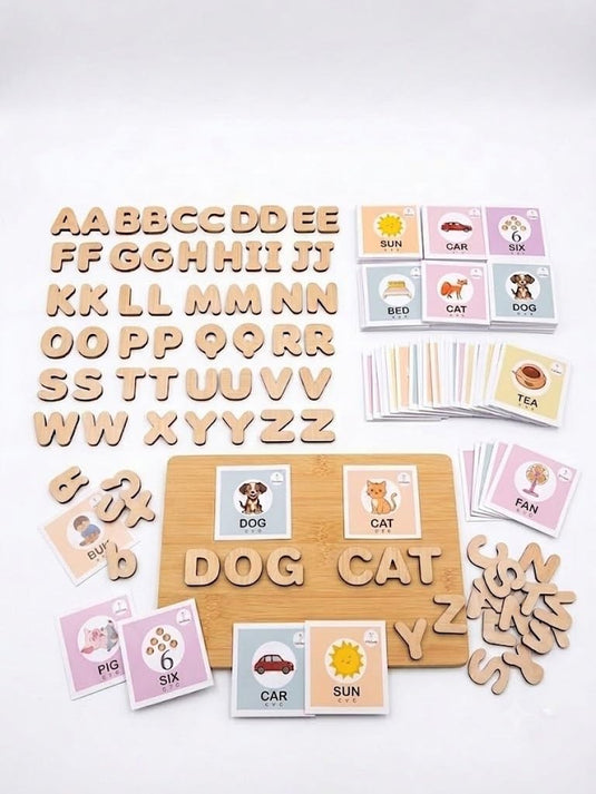 Wooden Spelling Game & Phonics Word Builder – 35 CVC Flash Cards & 2 Full Alphabet Sets (A-Z) – Montessori Educational Reading Toy for Preschool & Kindergarten with Storage Box | Tantrums Wooden Toys