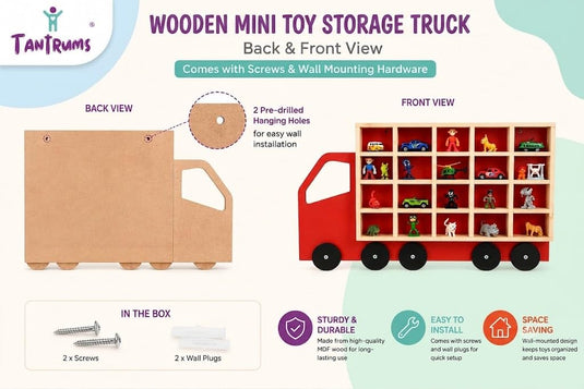 Kids Wooden Toy Truck Storage Shelf – Wall Mounted Mini Figure Display Organizer Compartment Case – Space Saving Small Toy Car Garage & Playroom Decorative Wall Hanging Rack | Tantrums Wooden Toys - photo 2