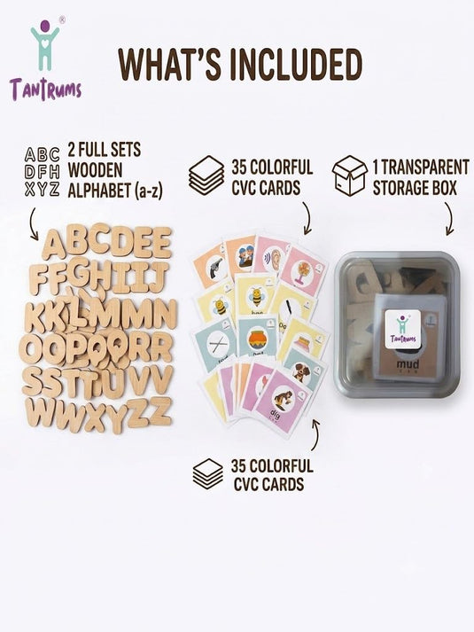 Wooden Spelling Game & Phonics Word Builder – 35 CVC Flash Cards & 2 Full Alphabet Sets (A-Z) – Montessori Educational Reading Toy for Preschool & Kindergarten with Storage Box | Tantrums Wooden Toys - photo 5
