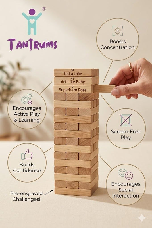 Balance Tower, Wooden Tumbling Block Game with Questions, Educational Theme, 48 Blocks, for 2 or More Players, Ages 3 Years and Up (Act & Play) | Tantrums Wooden Toys - photo 7