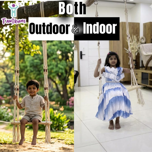 Tantrums Wooden Rope Swing with Wooden Seat, Natural Wood, Braided Rope, for Indoor and Outdoor Use