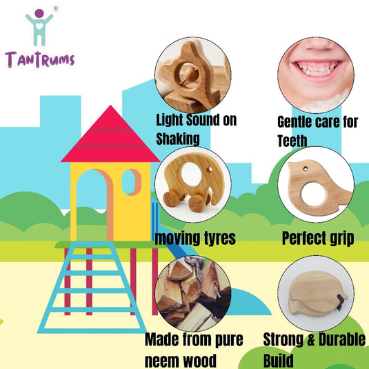 Neem Wood Baby Teether Toy Combo, Bird, Smart Key and Mango Tic Tac, Montessori, 3-in-1 Set for Newborns | Tantrums Wooden Toys - photo 6