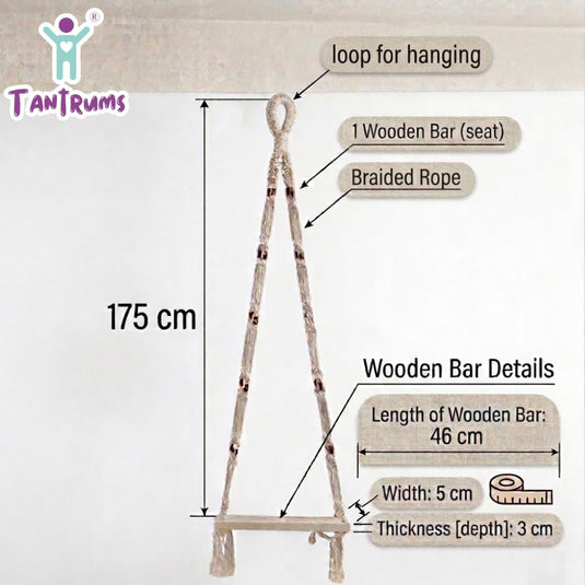 Tantrums Wooden Rope Swing with Wooden Seat, Natural Wood, Braided Rope, for Indoor and Outdoor Use