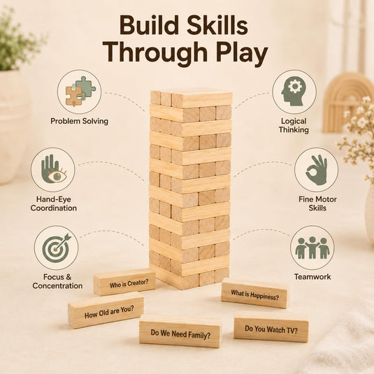 Balance Tower, Wooden Tumbling Block Game with Questions, Educational Theme, 48 Blocks, for 2 or More Players, Ages 3 Years and Up (Brain Boost Question & Answer) | Tantrums Wooden Toys - photo 6