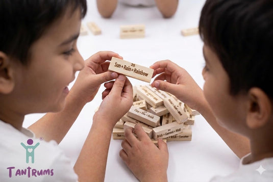 Balance Tower, Wooden Tumbling Block Game with Questions, Educational Theme, 48 Blocks, for 2 or More Players, Ages 3 Years and Up (Think & Connect) | Tantrums Wooden Toys - photo 3