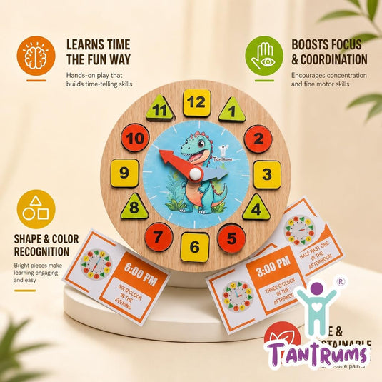 Dinosour Learning Clock with Time Flash Cards | Tantrums Wooden Toys - photo 4