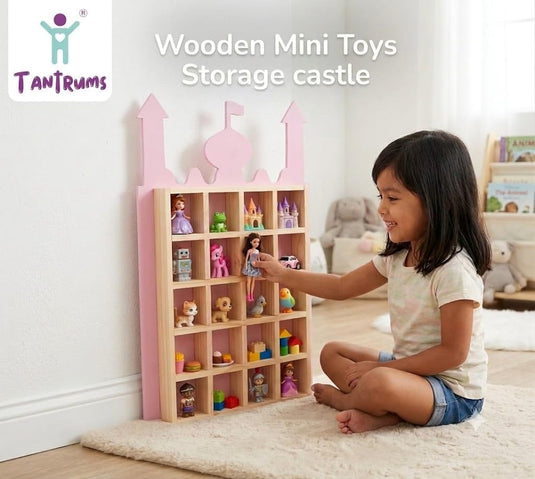 Kids Castle Wall Shelf – Wooden Display Shelf with 20 Cubbies, Miniature & Toy Organizer, Space-Saving Wall-Mounted Storage for Nursery, Playroom, and Bedroom (Natural Wood & Pink Design) | Tantrums Wooden Toys - photo 2
