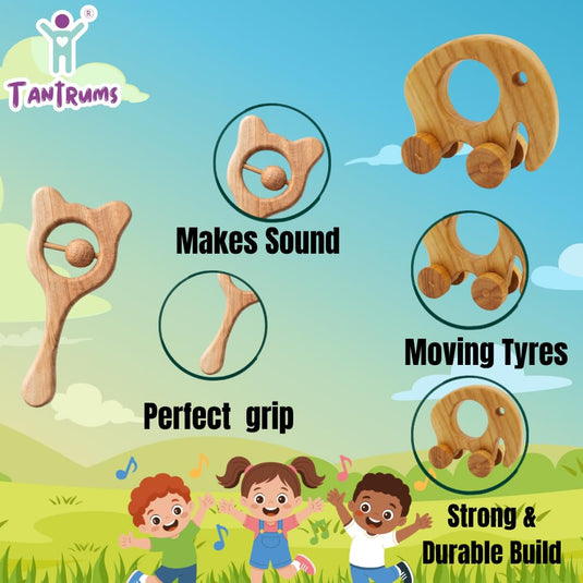 100% Neem Wood Baby Toy Combo, Grip and roll Bear Rattle and Moving Elephant Toy, Montessori, 2 Pieces | Tantrums Wooden Toys - photo 3