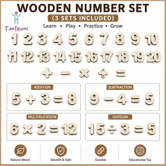 Wooden Movable Numbers with Math Symbols, 3 Sets, Montessori Math Learning Tool for Early Learners | Tantrums Wooden Toys - photo 4