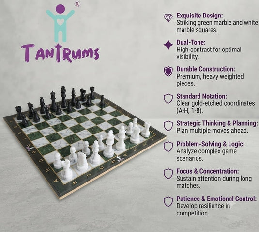 Classic Wooden Chess Board Game for Kids and Adults – Green Marble Finish with 32 Pawns & Chessmen, Strategy Learning Set | Tantrums Wooden Toys - photo 4