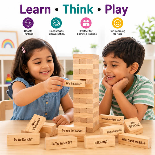 Balance Tower, Wooden Tumbling Block Game with Questions, Educational Theme, 48 Blocks, for 2 or More Players, Ages 3 Years and Up (Brain Boost Question & Answer) | Tantrums Wooden Toys - photo 3