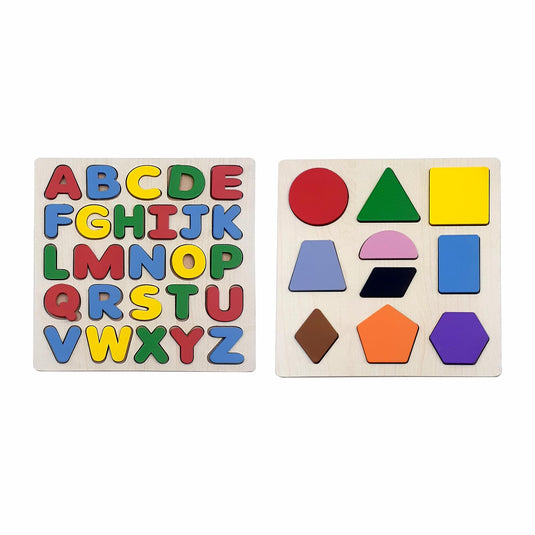 Preschool Wooden Educational Puzzle Set - Learn Alphabet & Shapes, Colourful Montessori Toy, Develops Hand-Eye Coordination (Alphabet & Shape), 24 Months And Above | Tantrums Wooden Toys