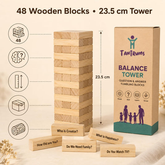 Balance Tower, Wooden Tumbling Block Game with Questions, Educational Theme, 48 Blocks, for 2 or More Players, Ages 3 Years and Up (Brain Boost Question & Answer) | Tantrums Wooden Toys - photo 5