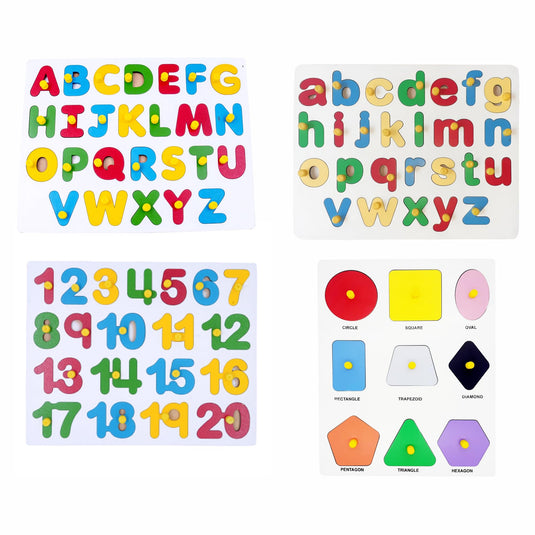 Wooden Educational Puzzle Set, Capital & Small Alphabet Letters, Numbers 1-20, Basic Shapes, Learning Toy for Kids | Tantrums Wooden Toys
