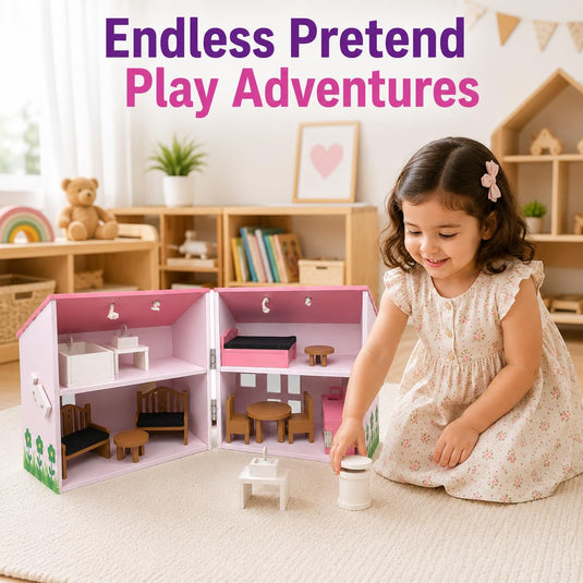 Wooden Dollhouse, Pink 2-Storey Pretend Play Set with Furniture, Educational Toy House with Floral Design, Birthday Gift for Children Age 2+ | Tantrums Wooden Toys - photo 3