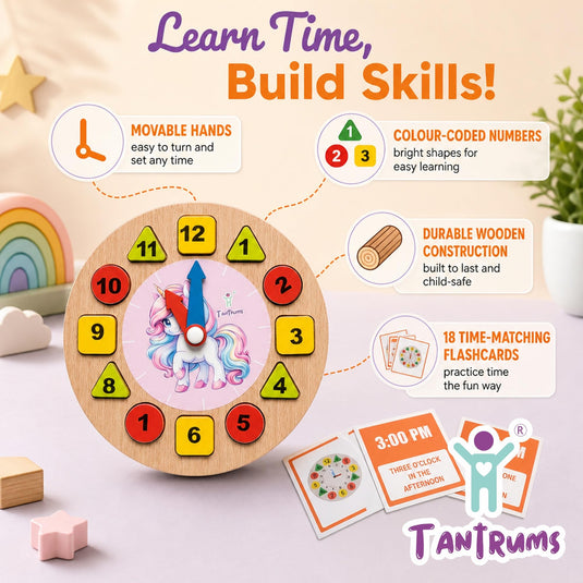Unicorn Learning Clock with Time Flash Cards | Tantrums Wooden Toys - photo 4