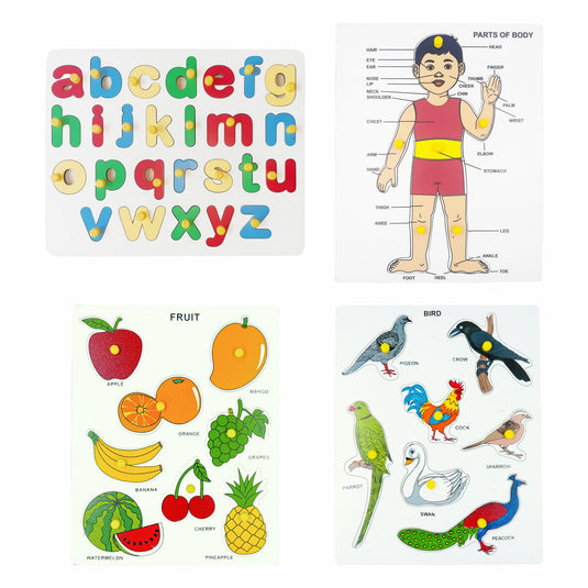 Preschool Wooden Educational Puzzle for Kids Learning Helpful in Developing Hand Eye Concentration and Motor Skills with Self-Correcting Match (Bird, Fruit, Parts of Body, Small ABC Puzzle) | Tantrums Wooden Toys