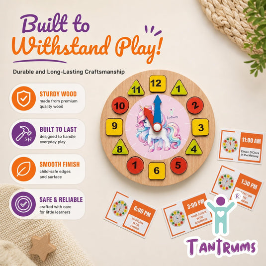 Unicorn Learning Clock with Time Flash Cards | Tantrums Wooden Toys - photo 6